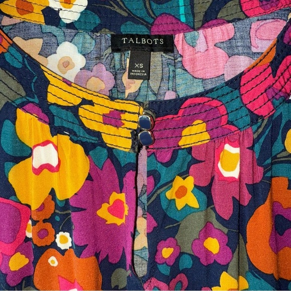 Talbots Multicolor Floral Long Sleeve Flowy Blouse XS BLUE PINK YELLOW GREEN - Picture 3 of 13